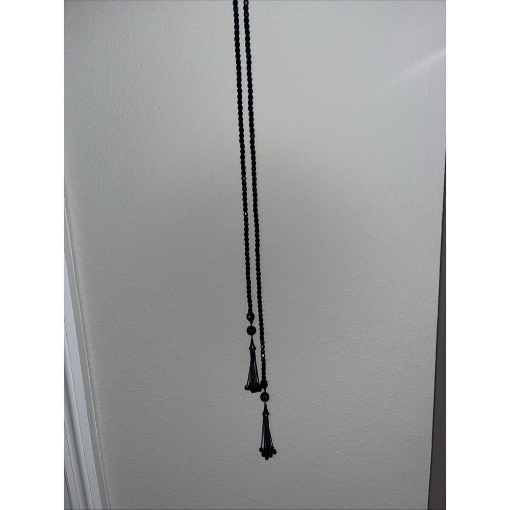 Vintage Flapper Black Glass Bead Sautoir Lariat Necklace 43“ Long